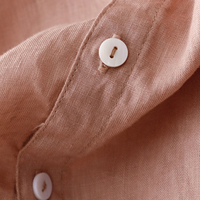 Buddha Stones Lässiges, schlichtes Damen-Midikleid mit Knopfleiste, Rundhalsausschnitt, Rüschen, Kurzarm, Baumwolle und Leinen - image 16