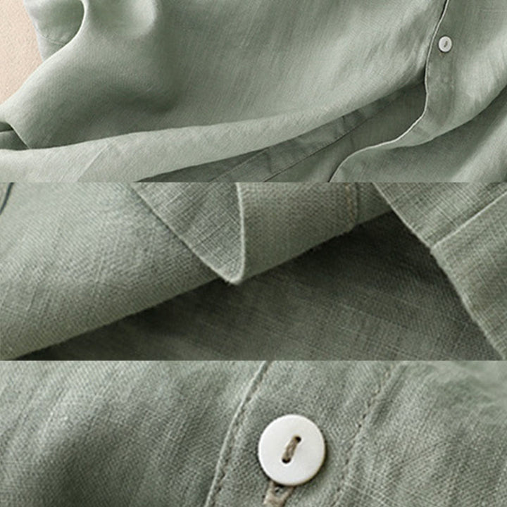 Buddha Stones Lässiges, schlichtes Damen-Midikleid mit Knopfleiste, Rundhalsausschnitt, Rüschen, Kurzarm, Baumwolle und Leinen - image 10