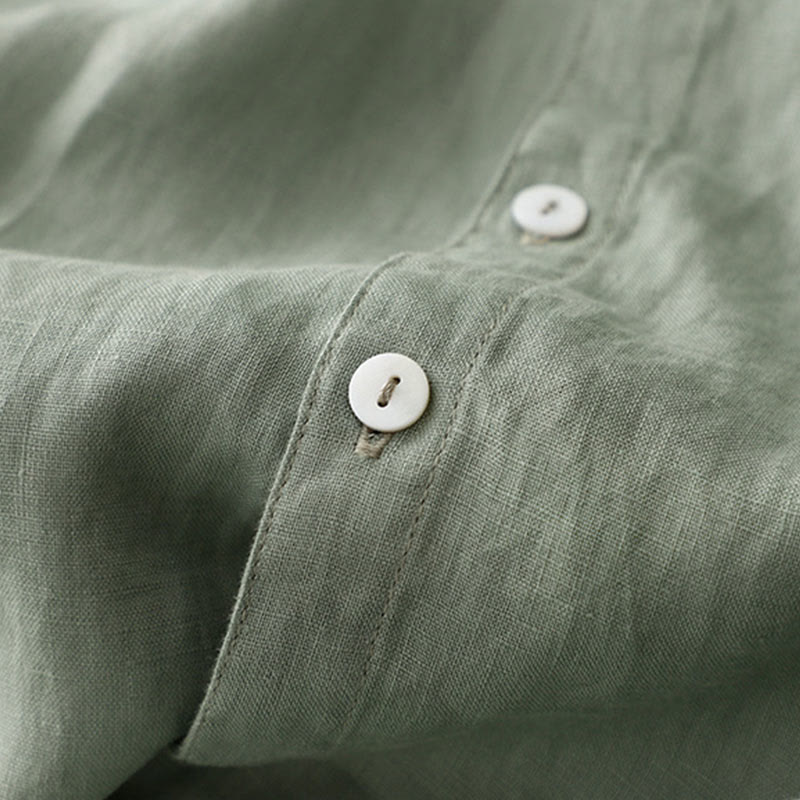 Buddha Stones Lässiges, schlichtes Damen-Midikleid mit Knopfleiste, Rundhalsausschnitt, Rüschen, Kurzarm, Baumwolle und Leinen - image 3