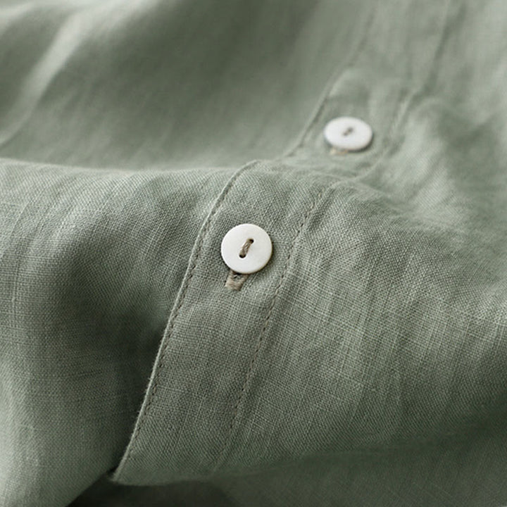 Buddha Stones Lässiges, schlichtes Damen-Midikleid mit Knopfleiste, Rundhalsausschnitt, Rüschen, Kurzarm, Baumwolle und Leinen - image 3