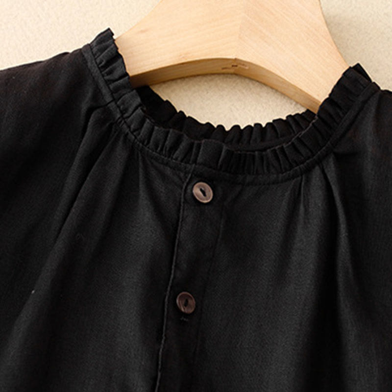 Buddha Stones Lässiges, schlichtes Damen-Midikleid mit Knopfleiste, Rundhalsausschnitt, Rüschen, Kurzarm, Baumwolle und Leinen - image 11