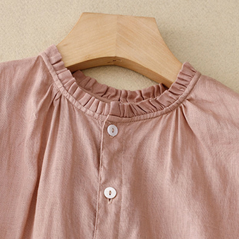 Buddha Stones Lässiges, schlichtes Damen-Midikleid mit Knopfleiste, Rundhalsausschnitt, Rüschen, Kurzarm, Baumwolle und Leinen - image 15