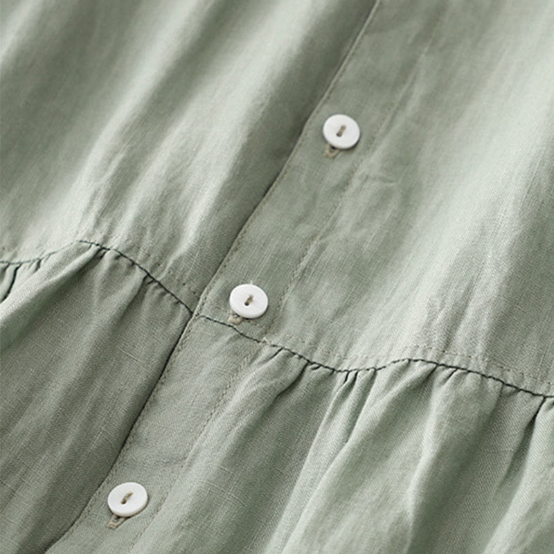 Buddha Stones Lässiges, schlichtes Damen-Midikleid mit Knopfleiste, Rundhalsausschnitt, Rüschen, Kurzarm, Baumwolle und Leinen - image 4