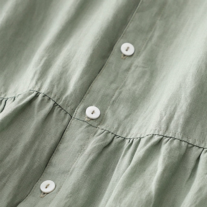 Buddha Stones Lässiges, schlichtes Damen-Midikleid mit Knopfleiste, Rundhalsausschnitt, Rüschen, Kurzarm, Baumwolle und Leinen - image 4