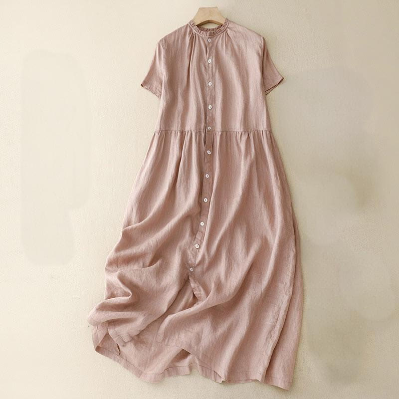Buddha Stones Damen Maxikleid, lässig, einfarbig, mit Knöpfen, Rundhalsausschnitt, Rüschen, kurzärmlig, Baumwolle und Leinen, mit Taschen