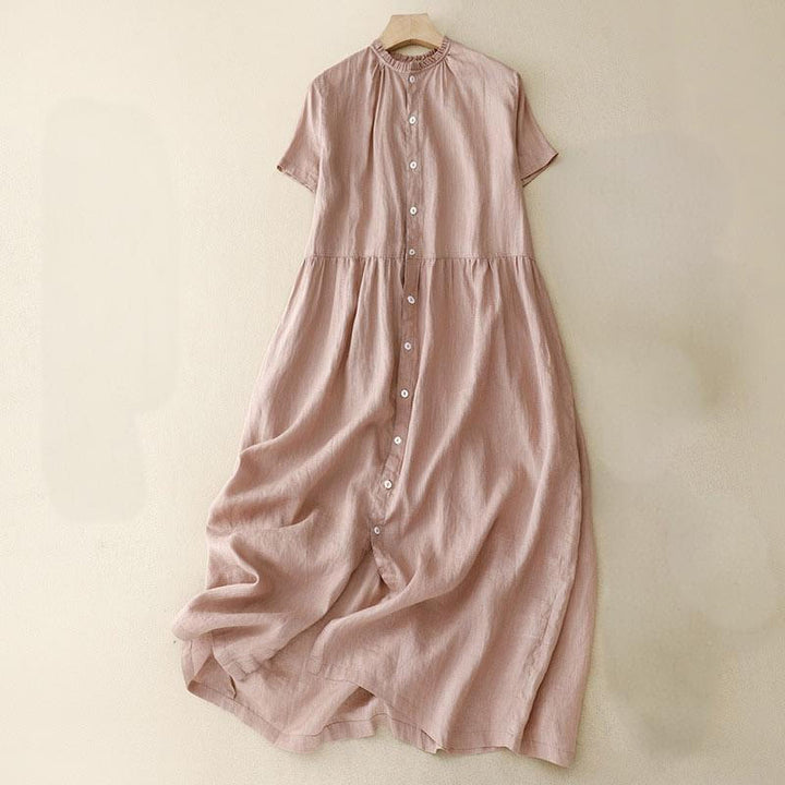 Buddha Stones Damen Maxikleid, lässig, einfarbig, mit Knöpfen, Rundhalsausschnitt, Rüschen, kurzärmlig, Baumwolle und Leinen, mit Taschen