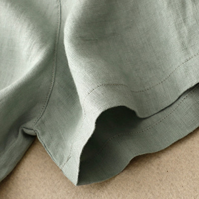 Buddha Stones Lässiges, schlichtes Damen-Midikleid mit Knopfleiste, Rundhalsausschnitt, Rüschen, Kurzarm, Baumwolle und Leinen - image 6