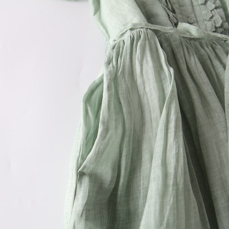 Buddha Stones Lässiges, schlichtes Maxikleid mit Rüschendesign, kurzärmliges Schnürkleid aus Baumwolle und Leinen mit Taschen