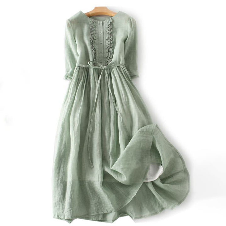 Buddha Stones Lässiges, schlichtes Maxikleid mit Rüschendesign, kurzärmliges Schnürkleid aus Baumwolle und Leinen mit Taschen