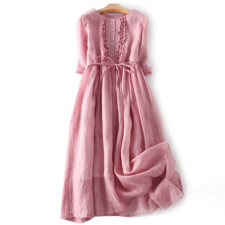Buddha Stones Lässiges, schlichtes Maxikleid mit Rüschendesign, kurzärmliges Schnürkleid aus Baumwolle und Leinen mit Taschen