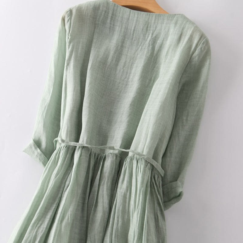 Buddha Stones Lässiges, schlichtes Rüschendesign, kurzärmliges Schnür-Midikleid für Damen mit Taschen - image 3