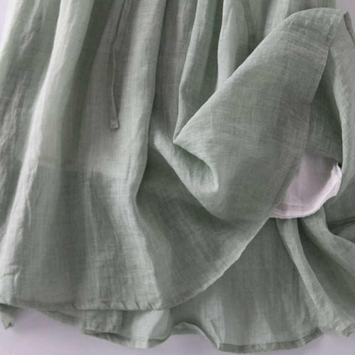 Buddha Stones Lässiges, schlichtes Rüschendesign, kurzärmliges Schnür-Midikleid für Damen mit Taschen - image 7