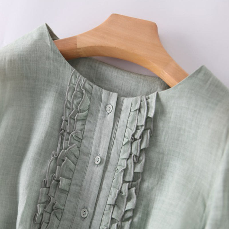 Buddha Stones Lässiges, schlichtes Rüschendesign, kurzärmliges Schnür-Midikleid für Damen mit Taschen - image 4