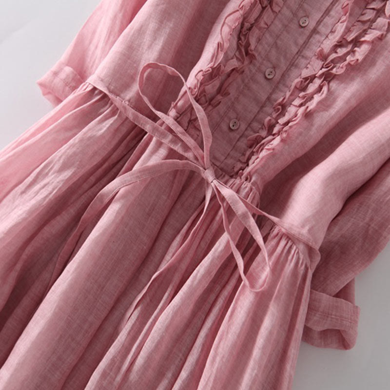 Buddha Stones Lässiges, schlichtes Rüschendesign, kurzärmliges Schnür-Midikleid für Damen mit Taschen - image 11