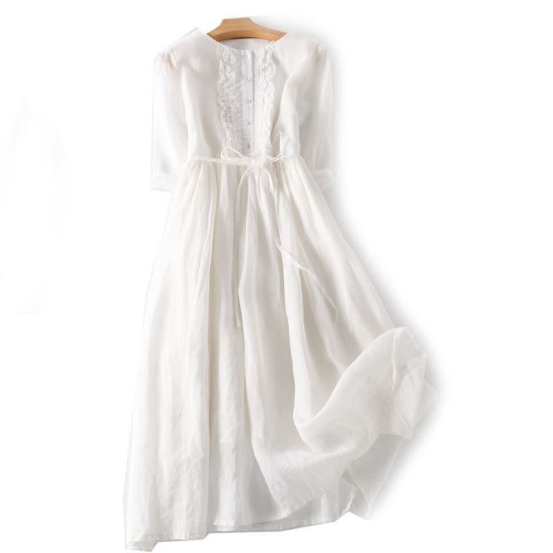 Buddha Stones Lässiges, schlichtes Maxikleid mit Rüschendesign, kurzärmliges Schnürkleid aus Baumwolle und Leinen mit Taschen
