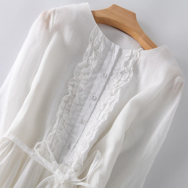 Buddha Stones Lässiges, schlichtes Rüschendesign, kurzärmliges Schnür-Midikleid für Damen mit Taschen - image 15