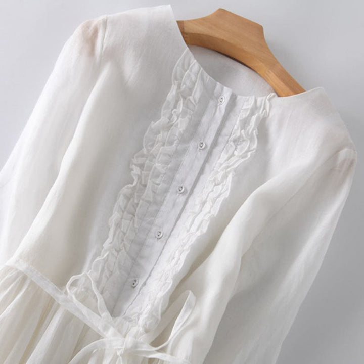 Buddha Stones Lässiges, schlichtes Rüschendesign, kurzärmliges Schnür-Midikleid für Damen mit Taschen - image 15