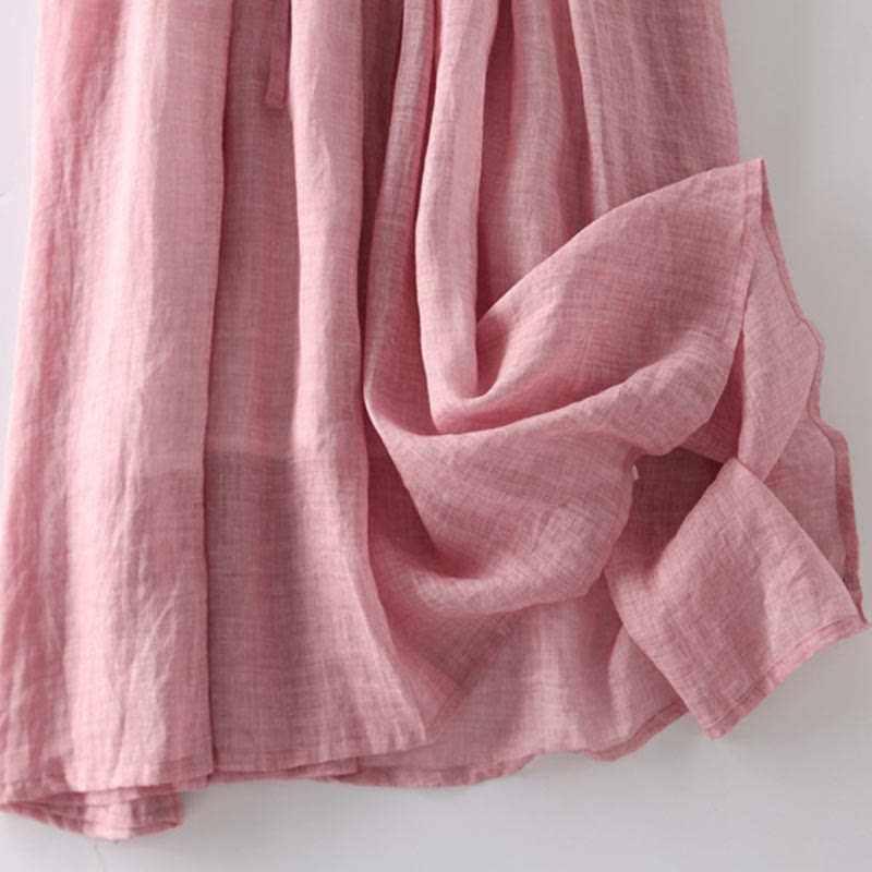 Buddha Stones Lässiges, schlichtes Rüschendesign, kurzärmliges Schnür-Midikleid für Damen mit Taschen - image 13