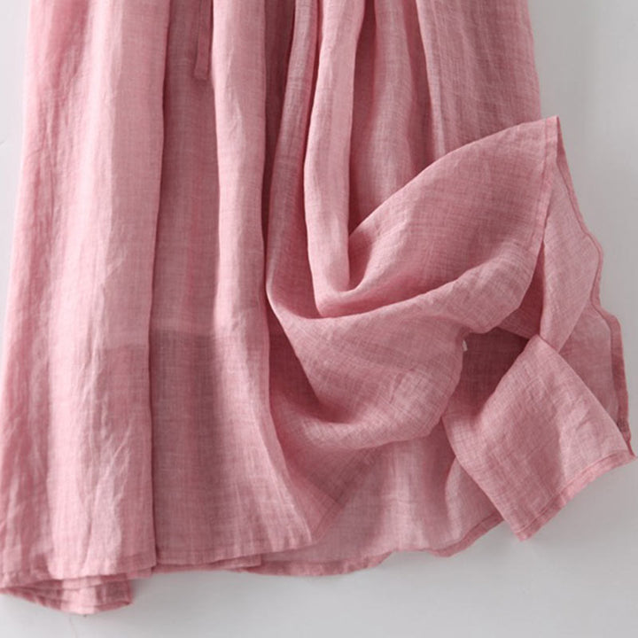 Buddha Stones Lässiges, schlichtes Rüschendesign, kurzärmliges Schnür-Midikleid für Damen mit Taschen - image 13