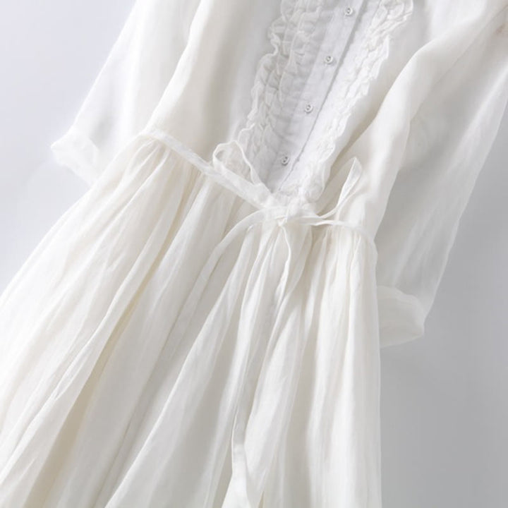 Buddha Stones Lässiges, schlichtes Rüschendesign, kurzärmliges Schnür-Midikleid für Damen mit Taschen - image 16