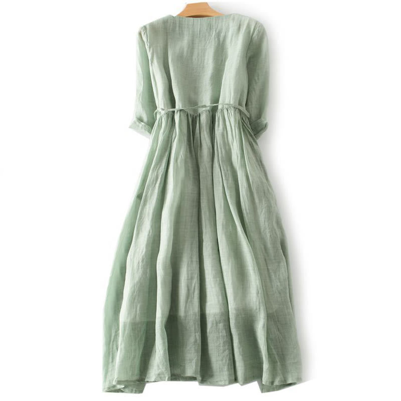 Buddha Stones Lässiges, schlichtes Rüschendesign, kurzärmliges Schnür-Midikleid für Damen mit Taschen - image 1