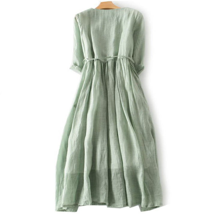 Buddha Stones Lässiges, schlichtes Rüschendesign, kurzärmliges Schnür-Midikleid für Damen mit Taschen - image 1