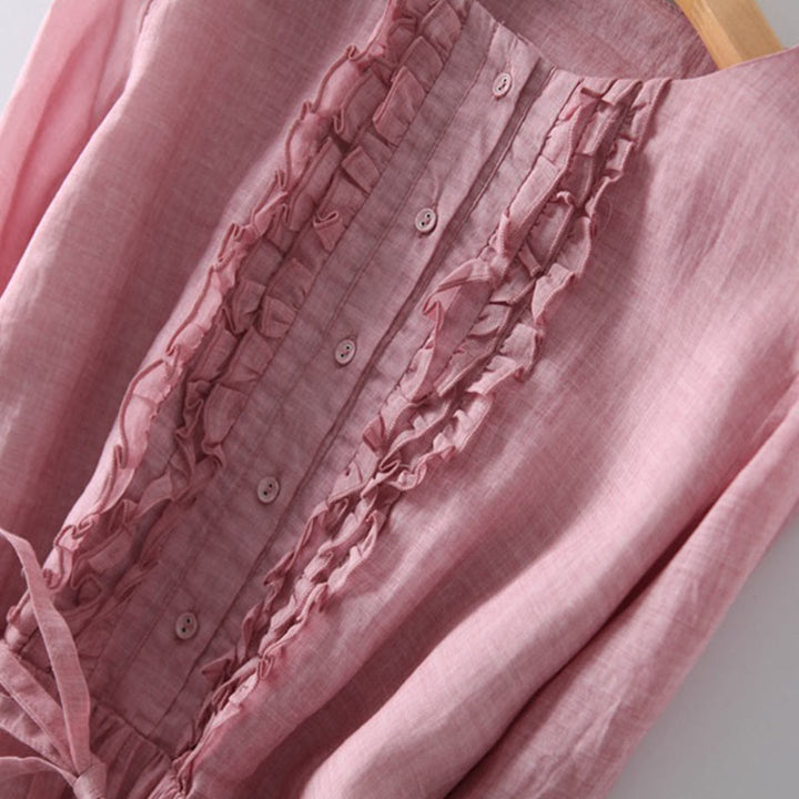 Buddha Stones Lässiges, schlichtes Rüschendesign, kurzärmliges Schnür-Midikleid für Damen mit Taschen - image 12