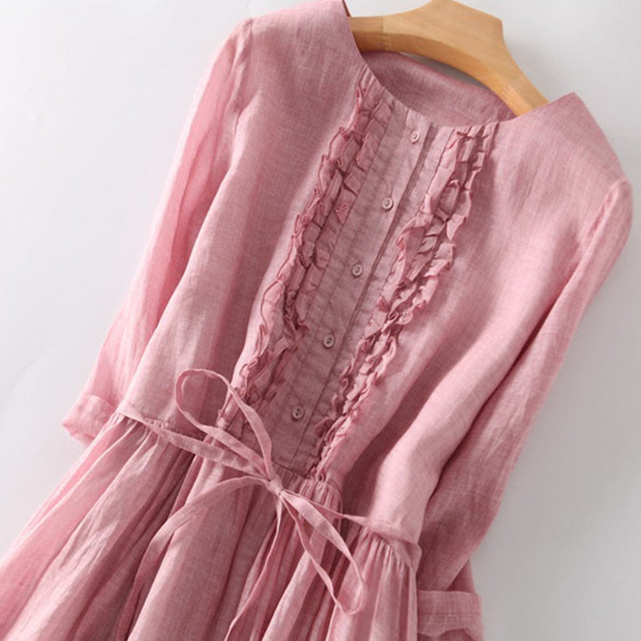 Buddha Stones Lässiges, schlichtes Rüschendesign, kurzärmliges Schnür-Midikleid für Damen mit Taschen - image 9