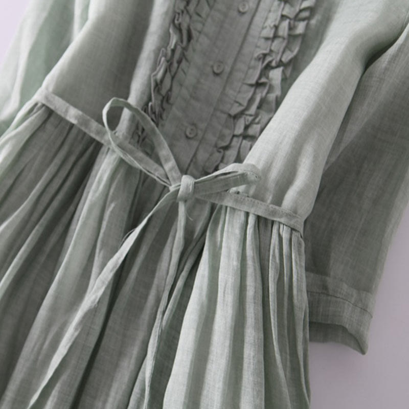 Buddha Stones Lässiges, schlichtes Rüschendesign, kurzärmliges Schnür-Midikleid für Damen mit Taschen - image 5