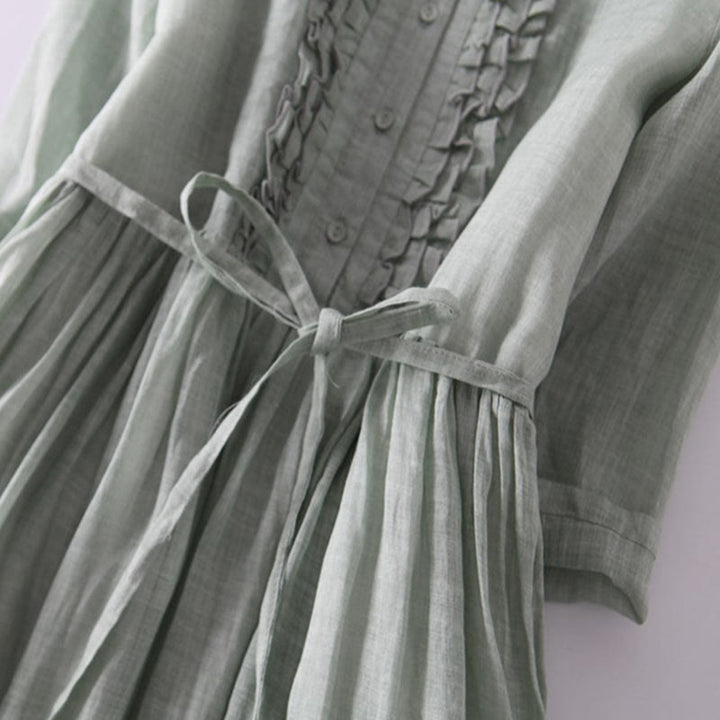 Buddha Stones Lässiges, schlichtes Rüschendesign, kurzärmliges Schnür-Midikleid für Damen mit Taschen - image 5