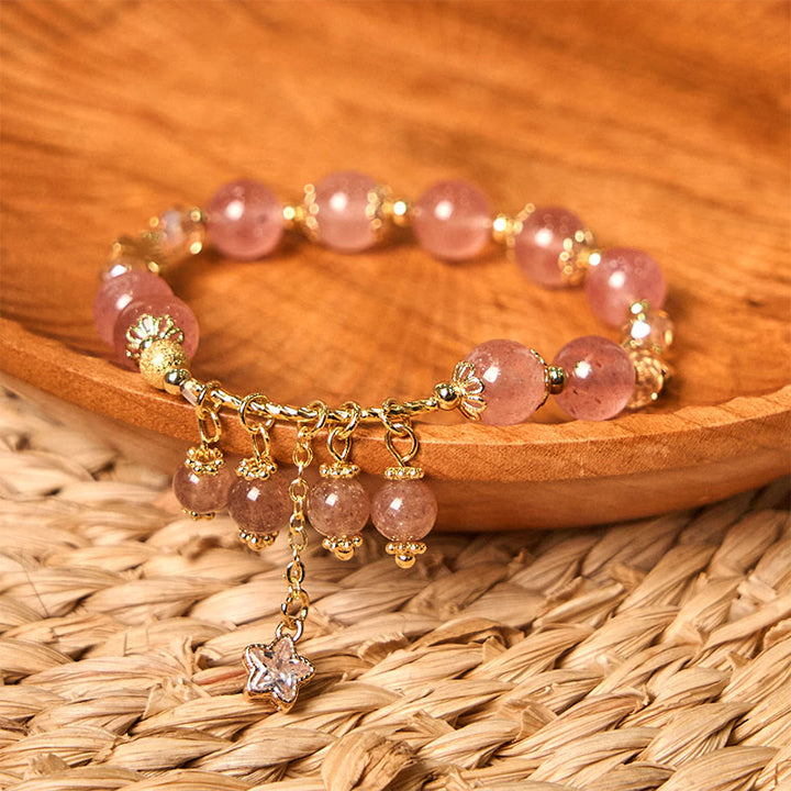 Buddha Stones Armband mit natürlichem Erdbeerquarz, vierblättrigem Kleeblatt und Stern, positives Geschenk