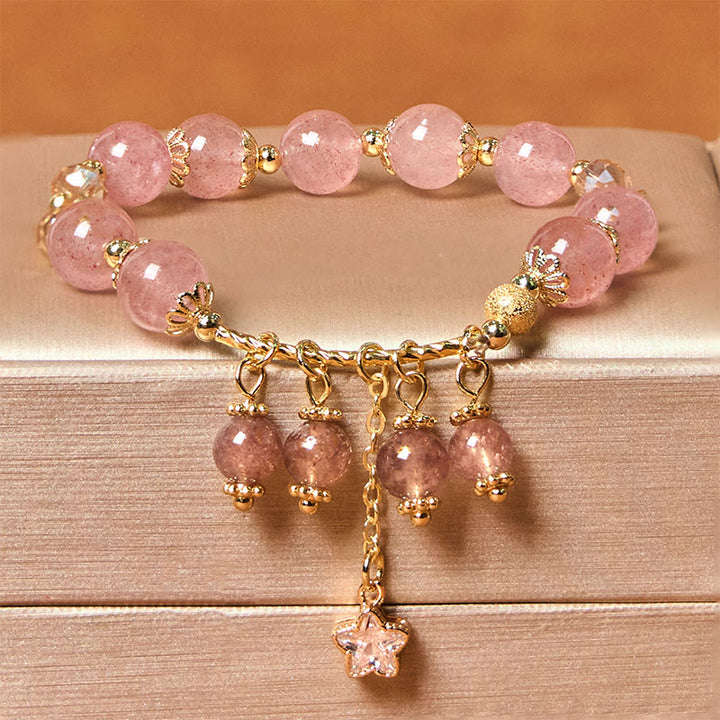 Buddha Stones Armband mit natürlichem Erdbeerquarz, vierblättrigem Kleeblatt und Stern, positives Geschenk