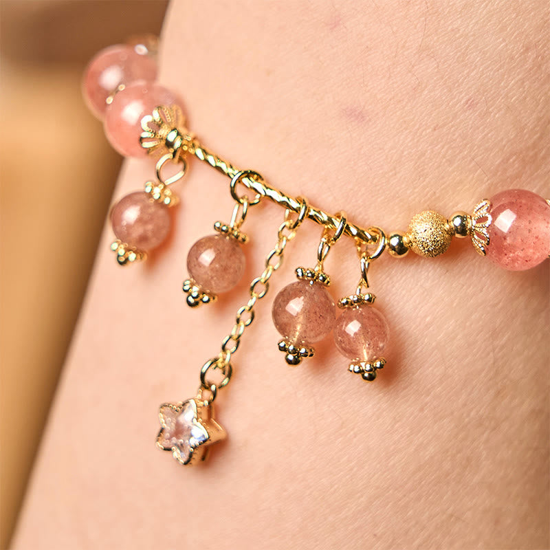 Buddha Stones Armband mit natürlichem Erdbeerquarz, vierblättrigem Kleeblatt und Stern, positives Geschenk