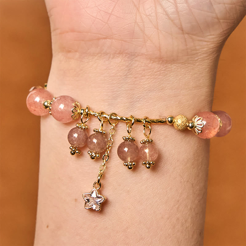 Buddha Stones Armband mit natürlichem Erdbeerquarz, vierblättrigem Kleeblatt und Stern, positives Geschenk