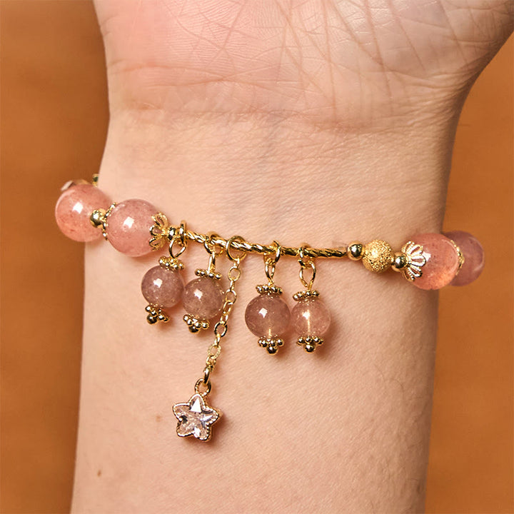 Buddha Stones Armband mit natürlichem Erdbeerquarz, vierblättrigem Kleeblatt und Stern, positives Geschenk