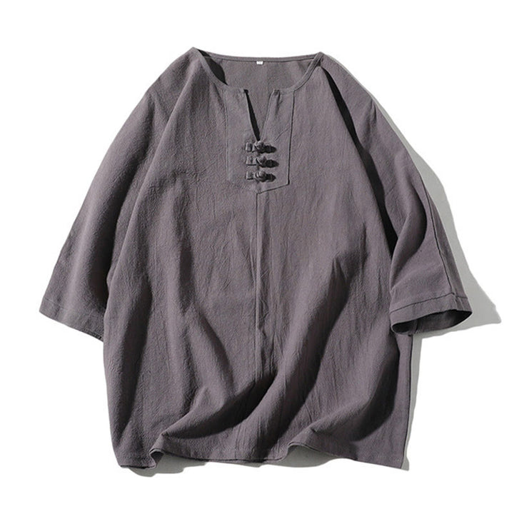 Buddha Stones 2-teiliges schlichtes T-Shirt mit gekerbtem Kragen und Shorts mit weitem Bein und Taschen aus Baumwollleinen für Herren