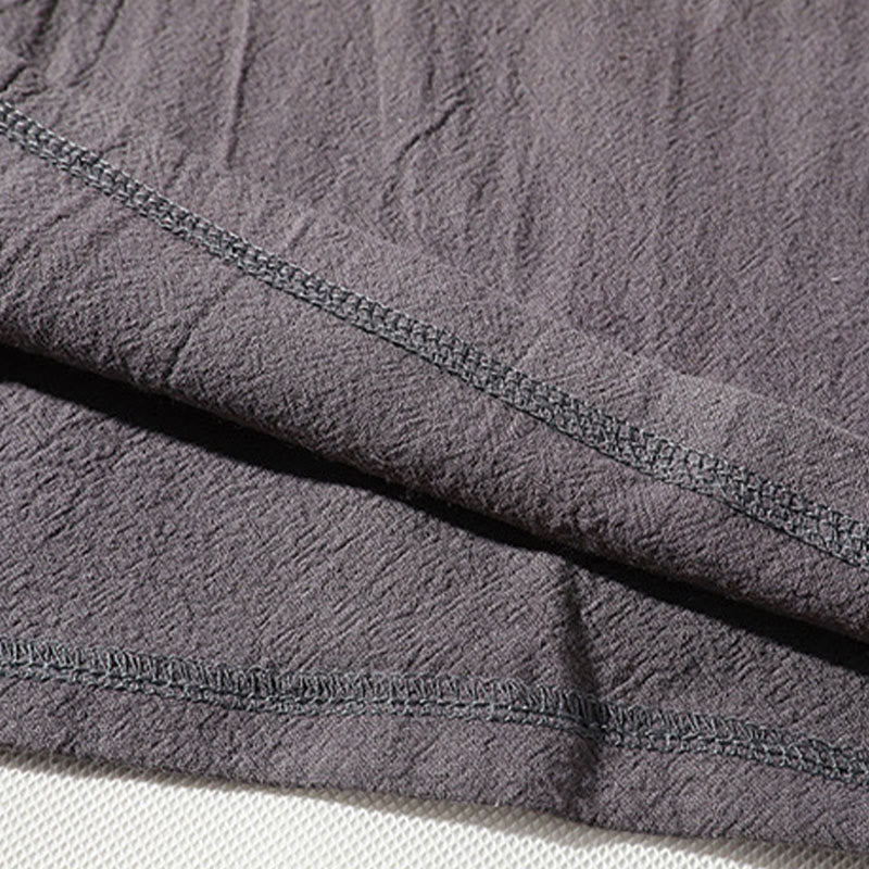 Buddha Stones 2-teiliges schlichtes T-Shirt mit gekerbtem Kragen und Shorts mit weitem Bein und Taschen aus Baumwollleinen für Herren