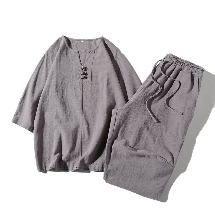 Buddha Stones 2-teiliges schlichtes T-Shirt mit gekerbtem Kragen und Shorts mit weitem Bein und Taschen aus Baumwollleinen für Herren