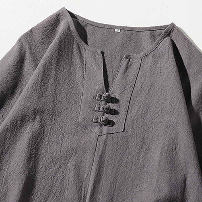 Buddha Stones 2-teiliges schlichtes T-Shirt mit gekerbtem Kragen und Shorts mit weitem Bein und Taschen aus Baumwollleinen für Herren
