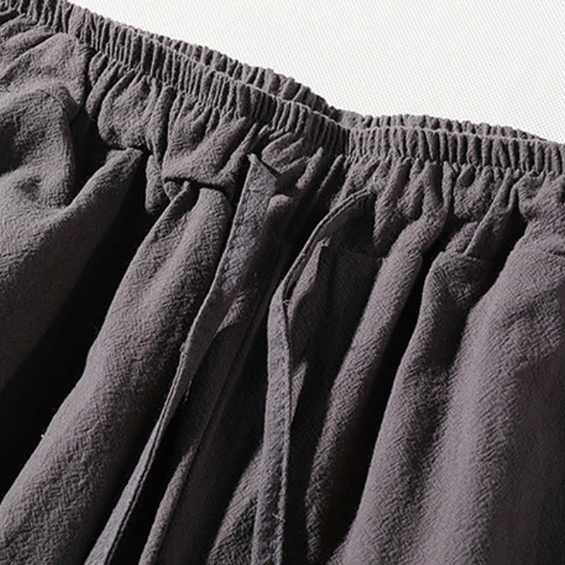 Buddha Stones 2-teiliges schlichtes T-Shirt mit gekerbtem Kragen und Shorts mit weitem Bein und Taschen aus Baumwollleinen für Herren