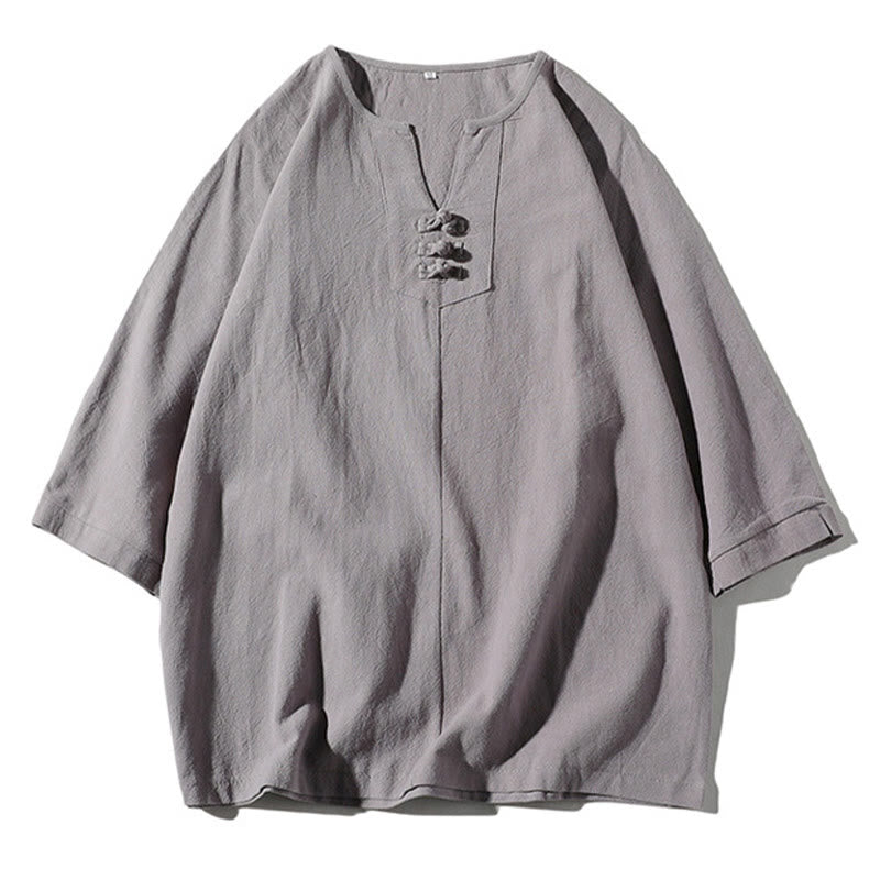 Buddha Stones 2-teiliges schlichtes T-Shirt mit gekerbtem Kragen und Shorts mit weitem Bein und Taschen aus Baumwollleinen für Herren