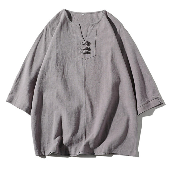 Buddha Stones 2-teiliges schlichtes T-Shirt mit gekerbtem Kragen und Shorts mit weitem Bein und Taschen aus Baumwollleinen für Herren