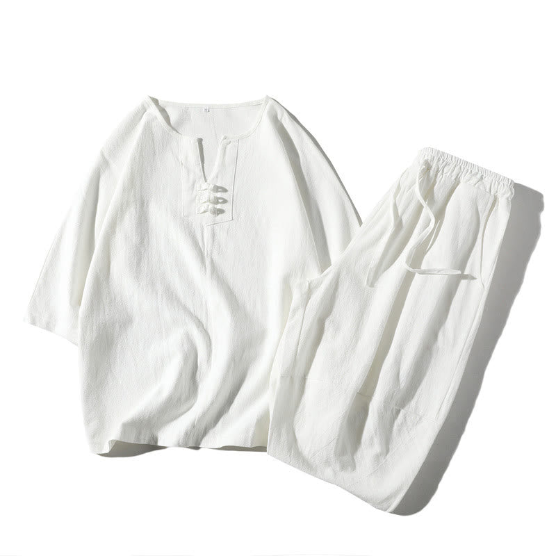 Buddha Stones 2-teiliges schlichtes T-Shirt mit gekerbtem Kragen und Shorts mit weitem Bein und Taschen aus Baumwollleinen für Herren