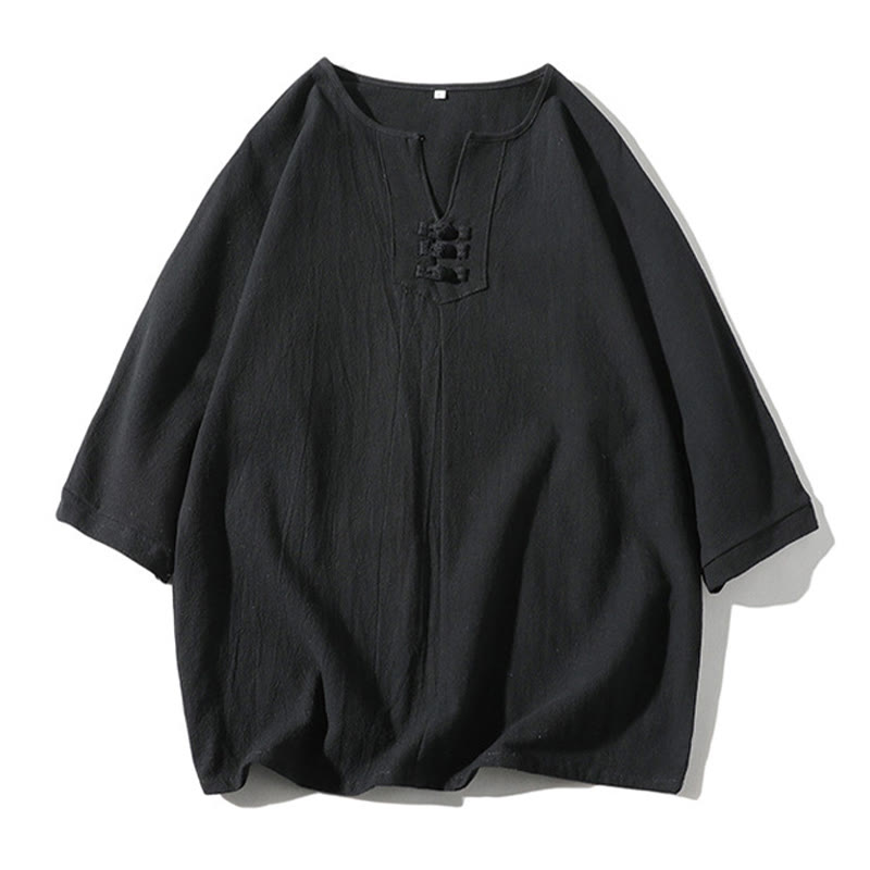Buddha Stones 2-teiliges schlichtes T-Shirt mit gekerbtem Kragen und Shorts mit weitem Bein und Taschen aus Baumwollleinen für Herren