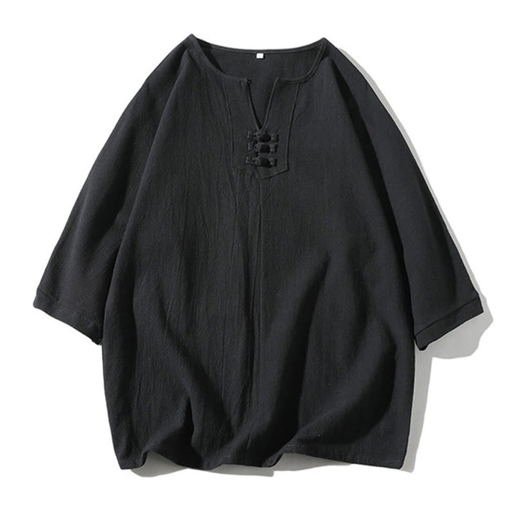 Buddha Stones 2-teiliges schlichtes T-Shirt mit gekerbtem Kragen und Shorts mit weitem Bein und Taschen aus Baumwollleinen für Herren