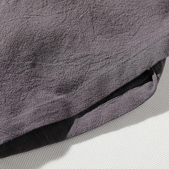 Buddha Stones 2-teiliges schlichtes T-Shirt mit gekerbtem Kragen und Shorts mit weitem Bein und Taschen aus Baumwollleinen für Herren