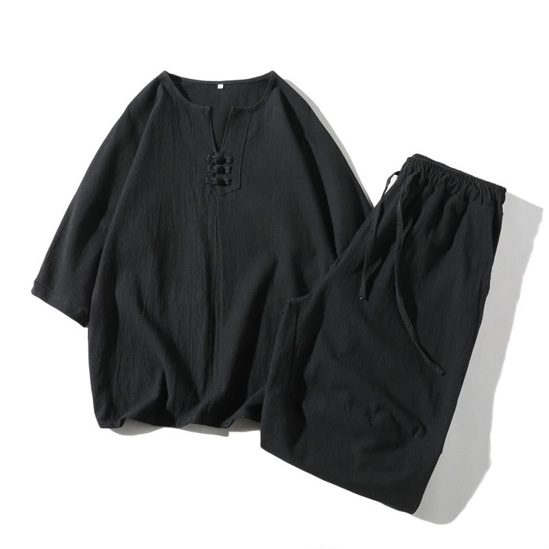 Buddha Stones 2-teiliges schlichtes T-Shirt mit gekerbtem Kragen und Shorts mit weitem Bein und Taschen aus Baumwollleinen für Herren