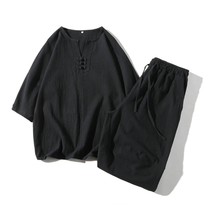 Buddha Stones 2-teiliges schlichtes T-Shirt mit gekerbtem Kragen und Shorts mit weitem Bein und Taschen aus Baumwollleinen für Herren