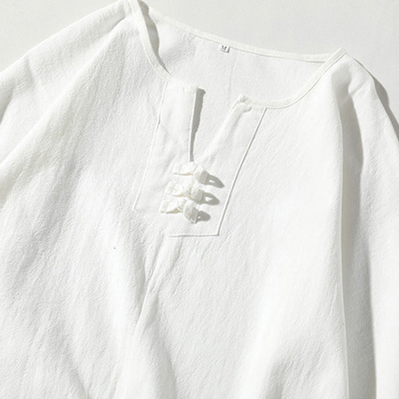 Buddha Stones 2-teiliges schlichtes T-Shirt mit gekerbtem Kragen und Shorts mit weitem Bein und Taschen aus Baumwollleinen für Herren