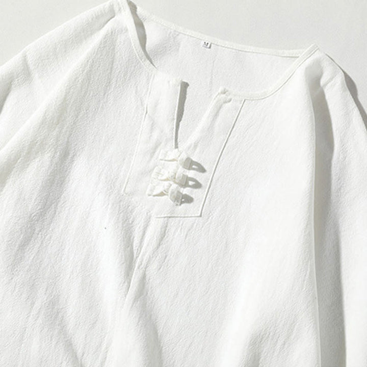Buddha Stones 2-teiliges schlichtes T-Shirt mit gekerbtem Kragen und Shorts mit weitem Bein und Taschen aus Baumwollleinen für Herren